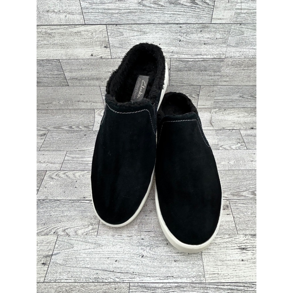 Clarks Collection Black Suede Faux Fur Lined Mules Womens 9 W 261635175065